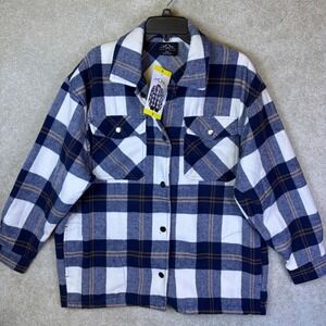 HFX Plaid Shacket Wmns Small Blue White Plaid Flannel Button Up Shirt Jacket NEW